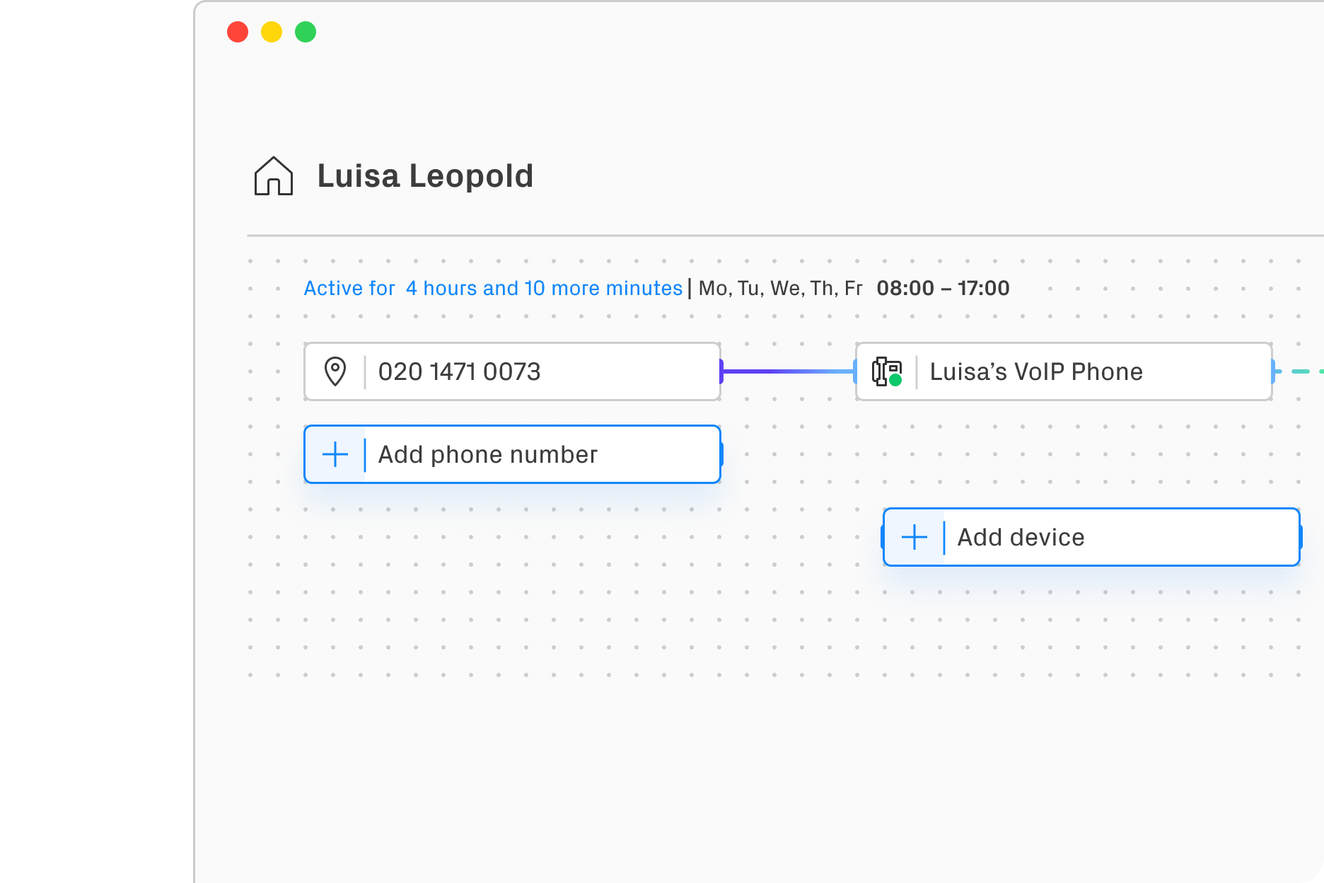 Mit dem Visual Routing können unterschiedliche Funktionen hinzugefügt werden wie zum Beispiel Rufnummern, Geräte, Durchwahl, Voicemail und Gruppen